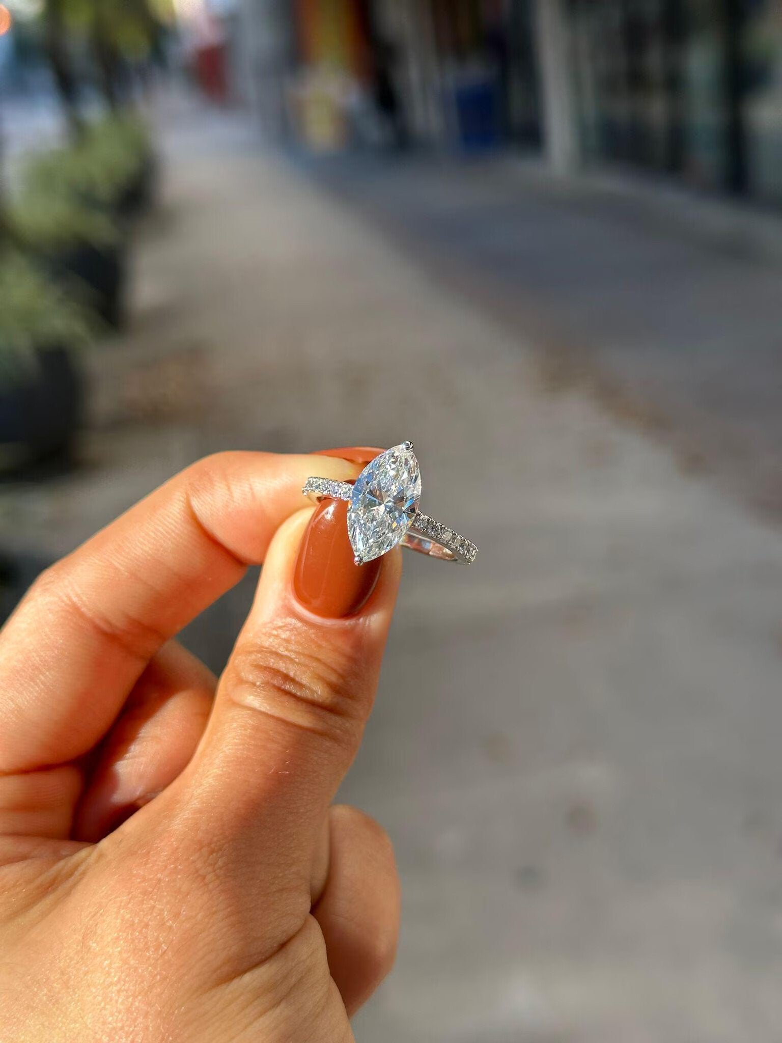 Marquise Cut Diamond Engagement Ring with Pave Band