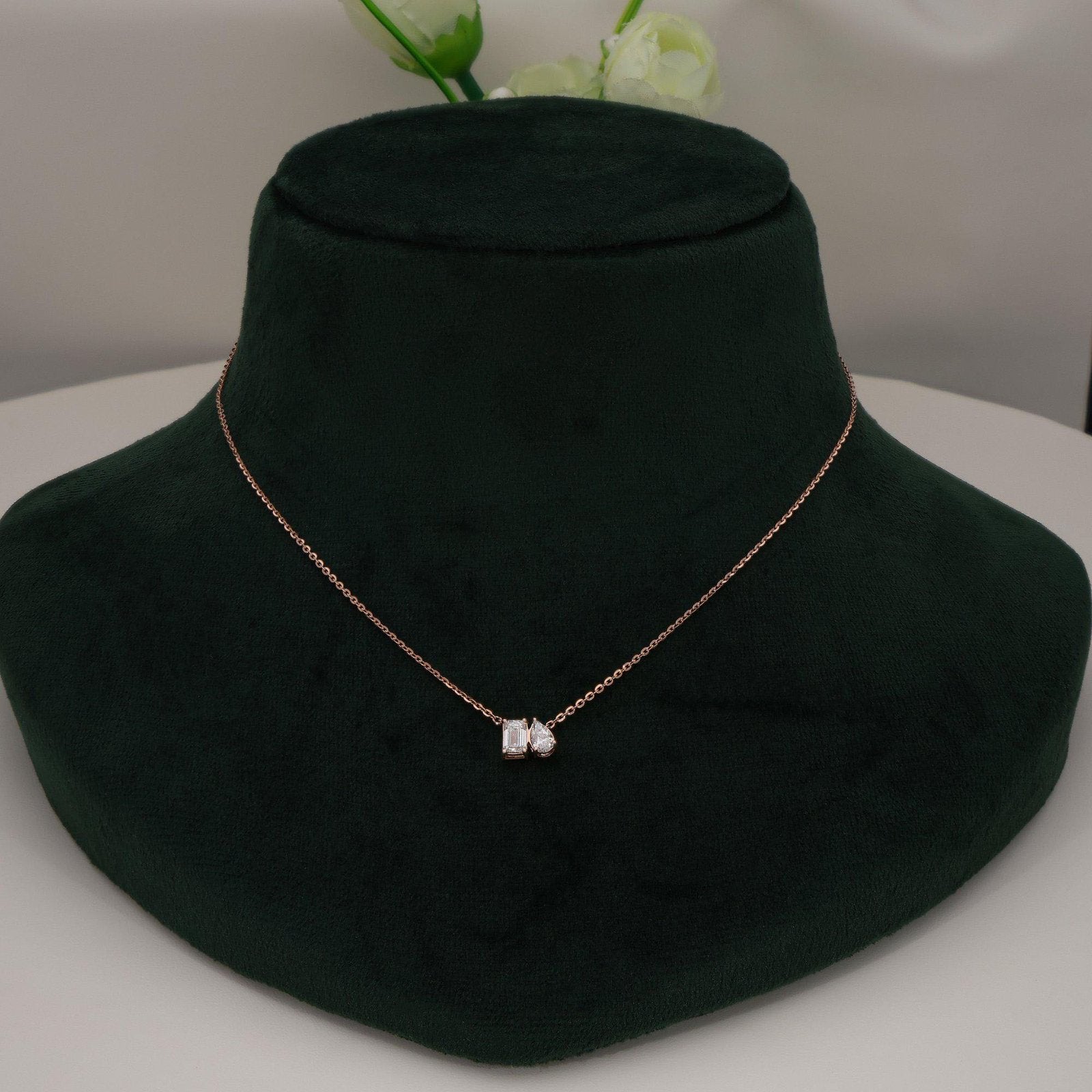 Pear & Emerald Cut Rose Gold Toi Et Moi Necklace