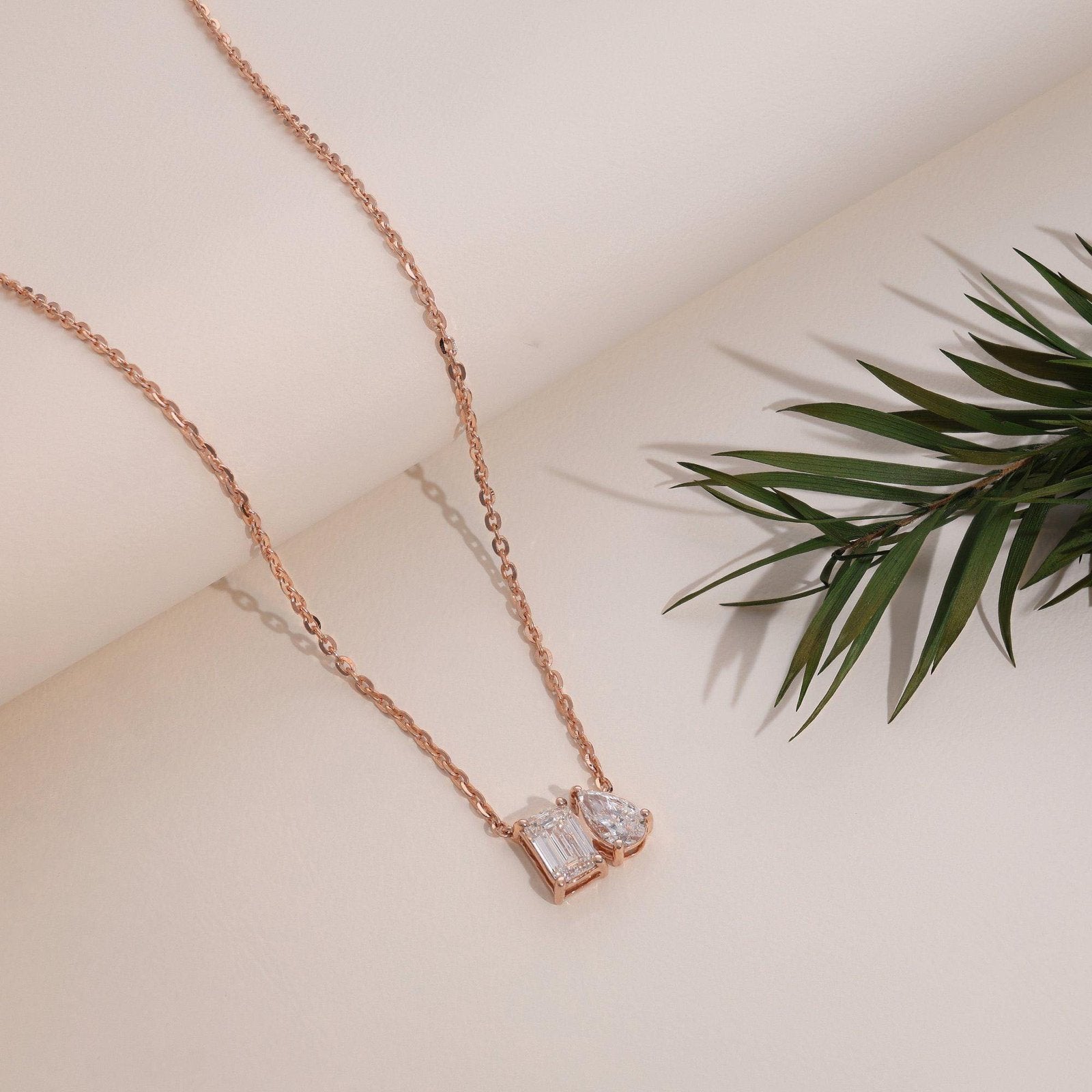 Pear & Emerald Cut Rose Gold Toi Et Moi Necklace