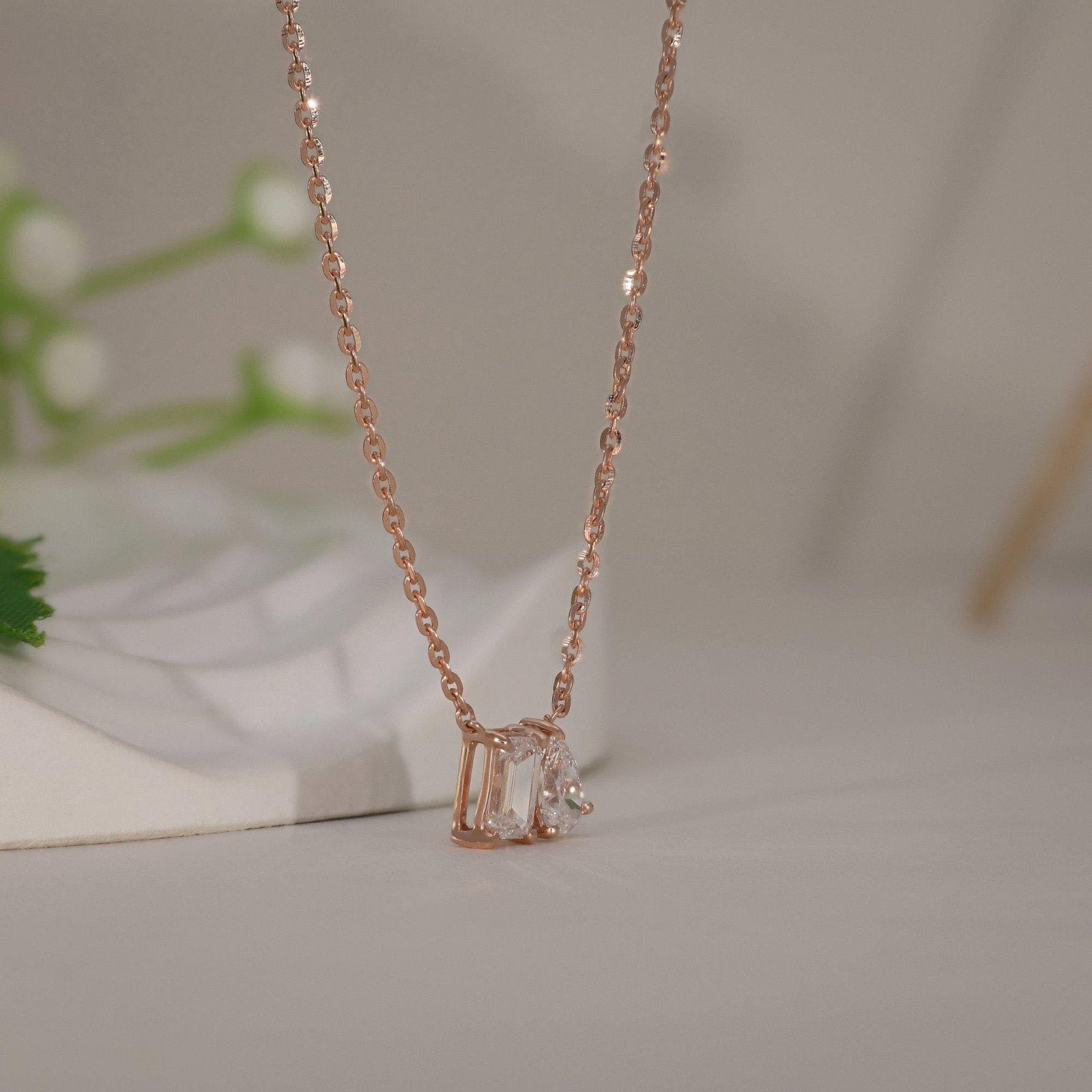Pear & Emerald Cut Rose Gold Toi Et Moi Necklace
